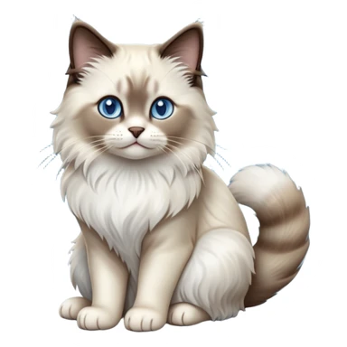 Cinematic-Seal-Ragdoll-Cat-Realistic-Full-Body-Sitting-Emoji – Tail curled playfully around its paws, head tilted dramatically, fluffy brown-and-white fur with darker seal points, simplified yet realistic focused features, highly detailed, glowing with an almost sarcastic glow, piercing blue eyes radiating elegance and charm. sticker