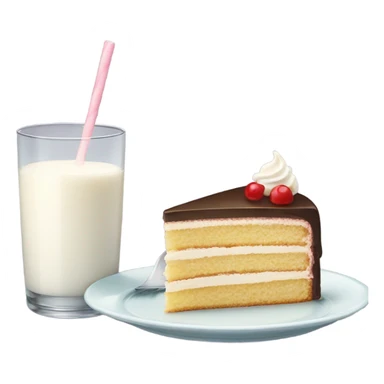 Slice cake at plate and milk at glass sticker