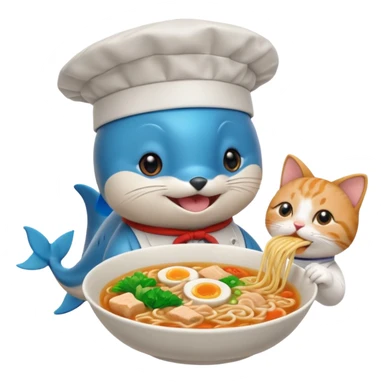 I want a dolphin on top of a cat eating ramen noodles in Japan shibuya sticker