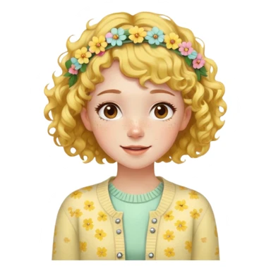  A freckled girl with short curly hair, a floral headband, and a pastel yellow cardigan, looking joyful. sticker