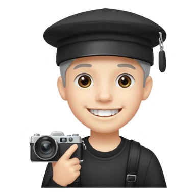smiling schoolboy with large front teeth wearing a black cap holding a camera sticker