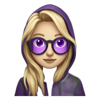Girl blond developer  with round glasses right side behind his laptop with this style: Alan Walker Singer purple character purple black hooded hacker themed character sticker
