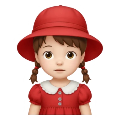 baby girl with brown hair and pigtails with a hat and red dress like My Neighbor Totoro movie sticker