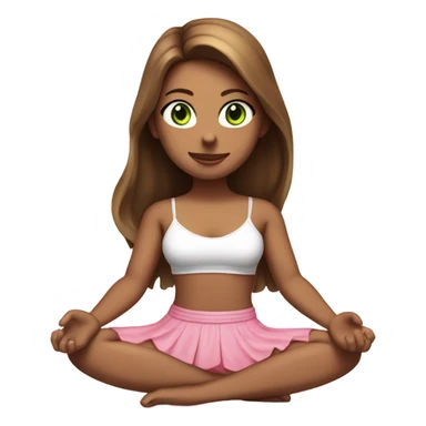 A girl with brown long hair, fair skin and green eyes is sitting in a lotus position in a white bra top and pink skirts sticker