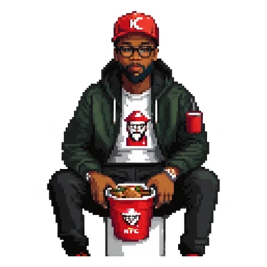 BBNO$ rapper sitting in a KFC bucket, glasses, beard, snapback cap sticker