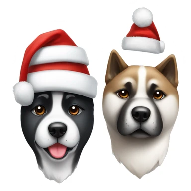 Two American Akita dogs one black and white and the other one just black wearing Christmas hats sticker