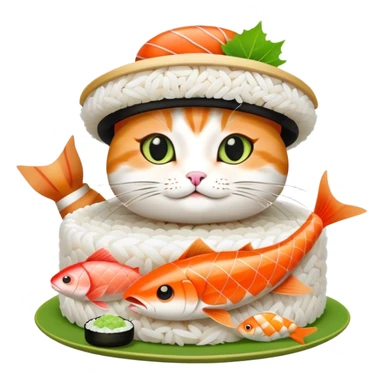 cat wearing a hat with a rice base, multiple fish pieces on top, and wasabi accent, sushi hat sticker