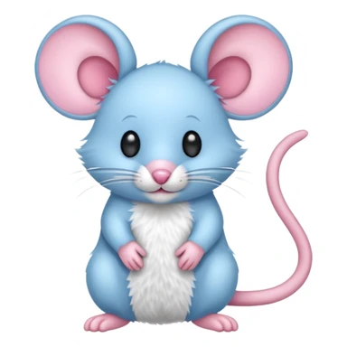 A small, light blue, fuzzy toy mouse with pink ears and a pink nose sticker