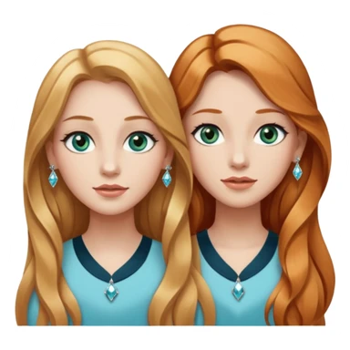 two girls top halfs, one with long wavy strawberry blonde hair and greenish blue eyes, white diamond earrings and wearing white, the other with straight black long hair, brown eyes, silver earrings and wearing black sticker