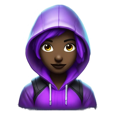 Girl developer behind his laptop with this style : Crytek Crysis Video game neon glowing bright purple character purlple black hooded hacker themed character sticker