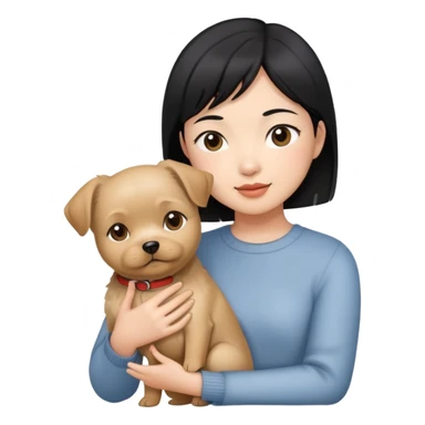 An Asian girl with short black hair, holding a Yorkshire dog sticker