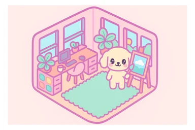 Add a brush in the character's paw, making it appear as if it is painting on the canvas on the easel, while maintaining the original illustration's cute style and soft colors. sticker