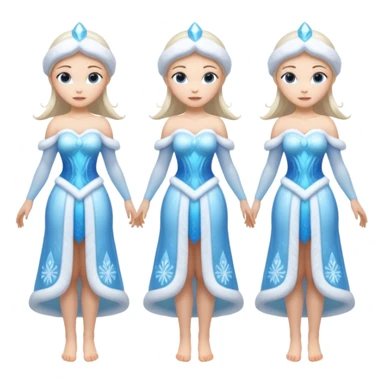 Four images of the same ice Snow Maiden character with two arms and two legs: front view, back view, side view, three-quarter view. Full body, translucent ice, winter fairy tale style, consistent design, clean anatomy. sticker