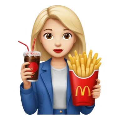 a young woman full length with cola in one hand and french fries in the other hand and a painting under her arm sticker