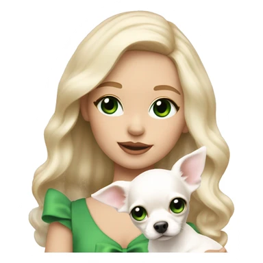 pale blond girl with wavy long platinum hair with green eyes holding a white chihuahua puppy that wearing a pink bow sticker