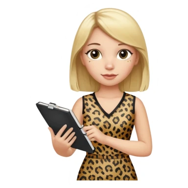 Blond hair girl with a leopard print dress and black leggings holding a note book and a pen sticker