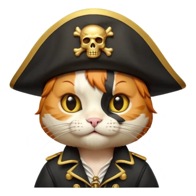 Premium 3D emoji icon of a cute ginger cat pirate, wearing a **pristine white** satin pirate hat with a gold skull icon, and a black and gold captain's jacket. Glossy finish, claymorphism style, soft studio lighting, isolated on white background, 8k resolution, stylized professional look --v 6.0 sticker