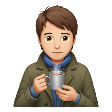 A gentle-looking man with messy hair and layered torn jackets, warming his hands over a small tin cup of hot drink.
 sticker