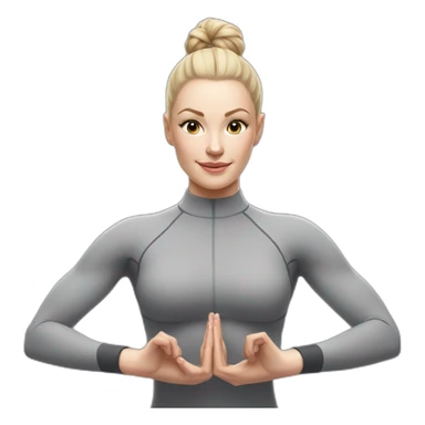 Pale skinned fit woman In a gray tight yoga suit and wristbands With ash blonde hair in a bun doing yoga sticker