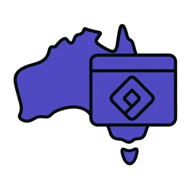 Map of Australia with the official Microsoft Power Pages icon overlay, no digital web overlay, use #403DAD as the main color, clean and modern, no text sticker