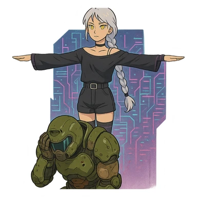  young woman with gold yellow eyes, white hair, long braid, black off-shoulder top, punk gothic style, futuristic cyberwave cyberpunk,, she is calmly t-posing above a cowering doomguy sticker