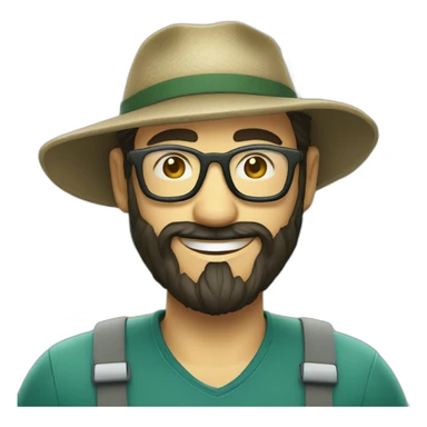 happy smile gardener face long dark beard and very short dark hair with little transparent glasses and a hat sticker