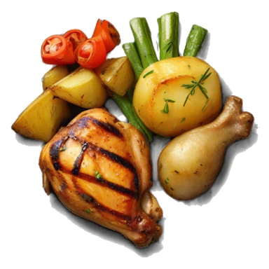 Grilled chicken, with cooked potatoes and grilled vegetables on a plate sticker