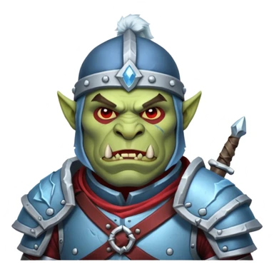 
Fantasy Christmas orc legion soldier icon, iron tundra army theme, heavy winter armor, disciplined brutal look, icy blue steel armor with deep crimson accents, frozen metal texture, cold winter atmosphere, male variant sticker