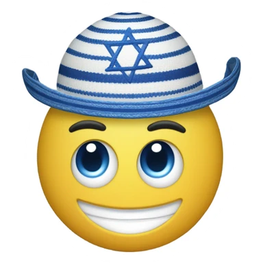 Create an emoji-style smiley face wearing a traditional Jewish kippah and a tallit, incorporating Mexican cultural influences. The face should have a warm, friendly expression. Add elements like vibrant colors, decorative patterns inspired by Mexican art (such as Talavera or papel picado designs), and possibly a subtle sombrero blend with the kippah. The tallit should have blue and white stripes but can feature a hint of Mexican embroidery. The overall aesthetic should be cheerful and culturally harmonious." sticker