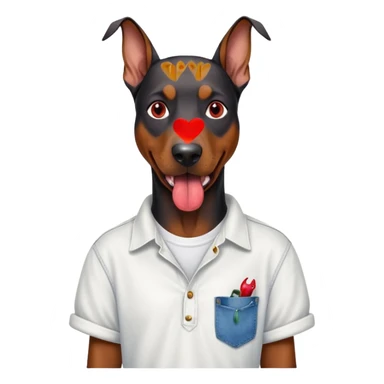 Generate a emoji of a big evil doberman dog with red eyes and a tongue sticking out, give the doberman a human body with a white shirt and baggy jeans, make the doberman have piercings sticker