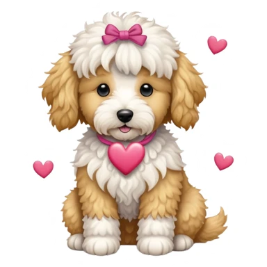 White mini golden doodle with scrunchie hearts sticker
