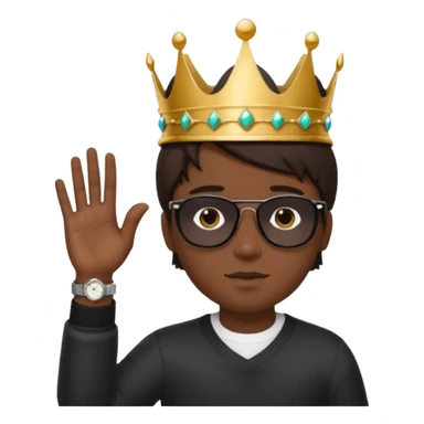 Un niño con cabello lacio no muy largo color marrón castaño,ojos marrones,piel no muy blanca, que tenga lentes de sol color negro,reloj en la mano derecha y una corona como sombrero sticker