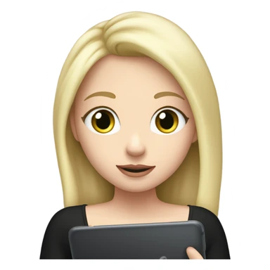 Apple grey ipad in girls hands (blond Girl whole height pinky lips greenish eyes wearing black top, holding IPad in one hand) the screen of the ipad is opposite to the girl‘s face sticker
