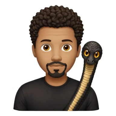 Homme noir, yeux marron avec un bouc sans la moustache, cheveux noir court et bouclé crépus avec un dégradé sur le côté, avec un cobra à côté , t-shirt noir  sticker