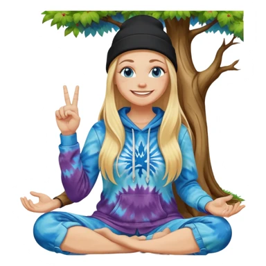 long haired blonde white woman wearing a black beanie and This woman should have blue eyes and a big smile and i want her to be sitting meditating next to a tree. she is wearing a tie dye hoodie. I want one hand of hers to show a middle finger pointing up  sticker