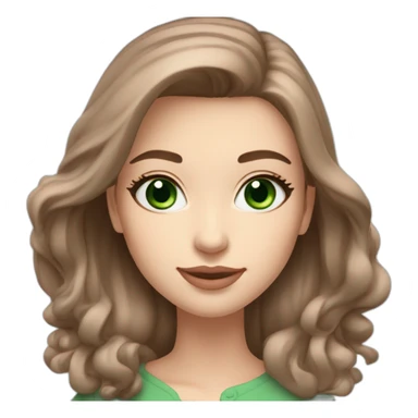 Long straight brown hair bright-emerald-green eyes medium-full dusty-pink lips oval face slightly arched eyebrows woman, slightly smiling close-lipped pale white skin sticker