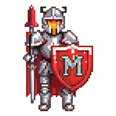 Knight with red and black armor holding a shield with the letter M on it sticker