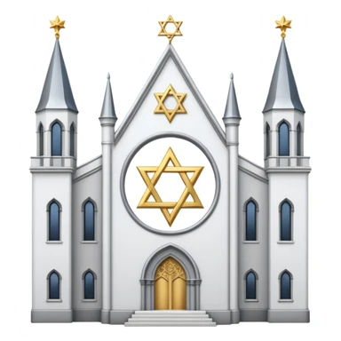reform jewish synagogue similar in architecture to historical religious architecture in europe. the building should be white with silver/golden features, gothic architectural elements and star of david. no crosses. the emoji should be in ios emoji style. sticker