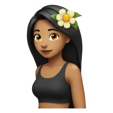 girl with long black hair, tan skin, wearing one flower on her head and wearing black tank top facing side way while looking down smiling sticker