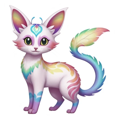 Pure-snow-White albino iridescent with pastel rainbow-gradients-color-markings with swirly patterns butterflies  faerie-Noivern-Noibat-Purloin-Torracat-Lykoi-Caracal-cat-Fakemon-fusion-hybrid-creature-jumping sticker