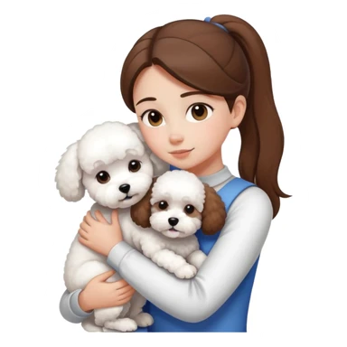 A girl with straight hair in a ponytail，hugging one Bichon frise sticker