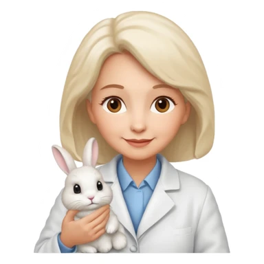 Older female vet – gentle smile, coat, checking rabbit  sticker