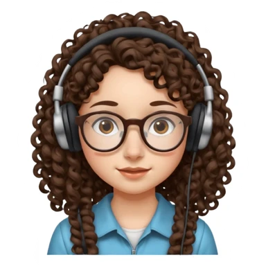 brunette kid with unique face features and very curly long hair kid girl neutral and big glasess and big nose and dark eyes with freckles kind of nerd looking and headphone wearing sticker