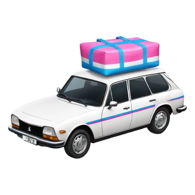 a white peugeot 504 break car with stripped pink and blue bags on the roof sticker