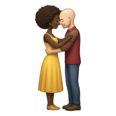a hug from a black woman in a tight dress to a white man with no hair and a beard sticker