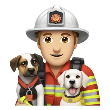 Caucasian Firefighter with a white dog and a black and white dog  sticker