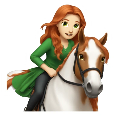 long-haired redhead woman with green eyes, on a horse back riding sticker