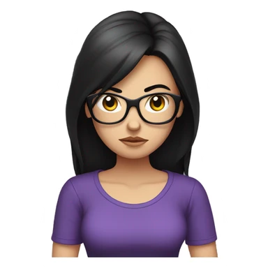 Angry scowling white girl, purple t-shirt, long black hair, wearing glasses, with arms crossed over chest. sticker