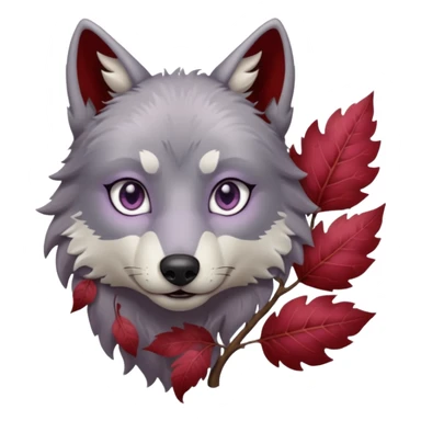 A wolf with lilac gray eyes and holding a weirwood leaf sticker