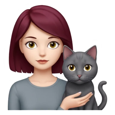 femme au cheveux court bordeau, yeux gris,  avec chat poils longs gris clair et chat poils ras noirs sticker